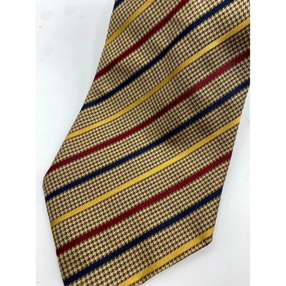 Neiman‎ Marcus Silk Tie Mens Tan Houndstooth Striped Blue Red Gold Made in Italy